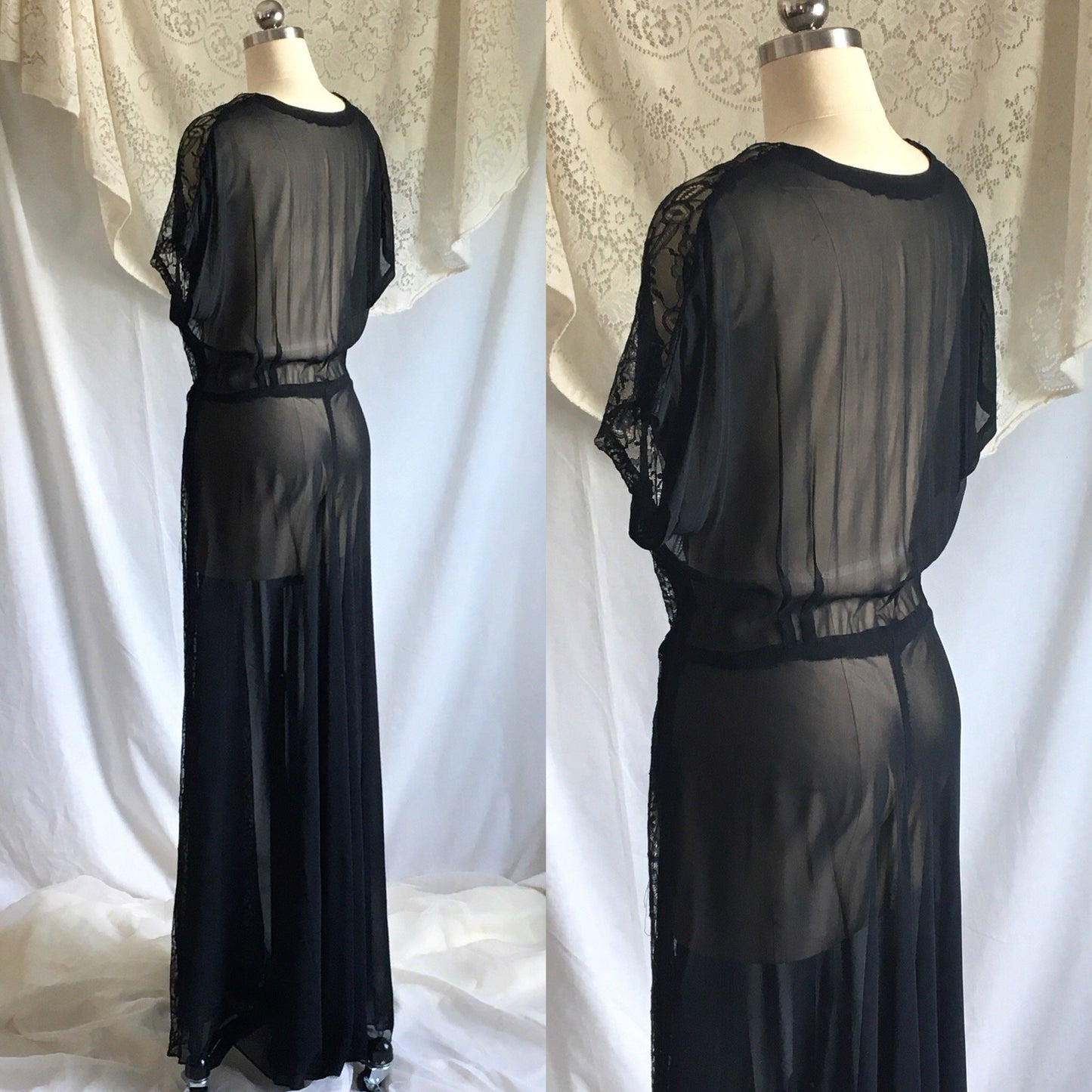 Vintage 1930's Dress | Sheer Black Rayon Chiffon with Chantilly Lace | Size Free up to XL - Daggers & Dames