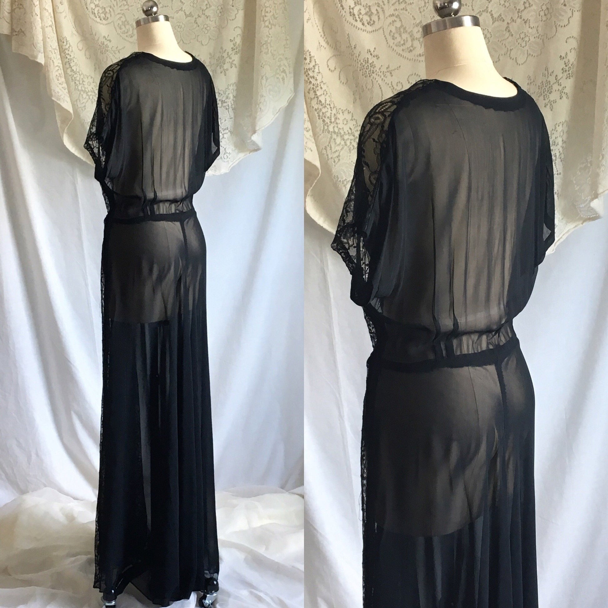 Vintage 1930's Dress | Sheer Black Rayon Chiffon with Chantilly Lace | Size Free up to XL - Daggers & Dames