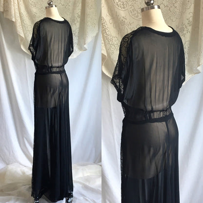 Vintage 1930's Dress | Sheer Black Rayon Chiffon with Chantilly Lace | Size Free up to XL - Daggers & Dames