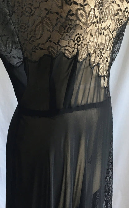 Vintage 1930's Dress | Sheer Black Rayon Chiffon with Chantilly Lace | Size Free up to XL - Daggers & Dames