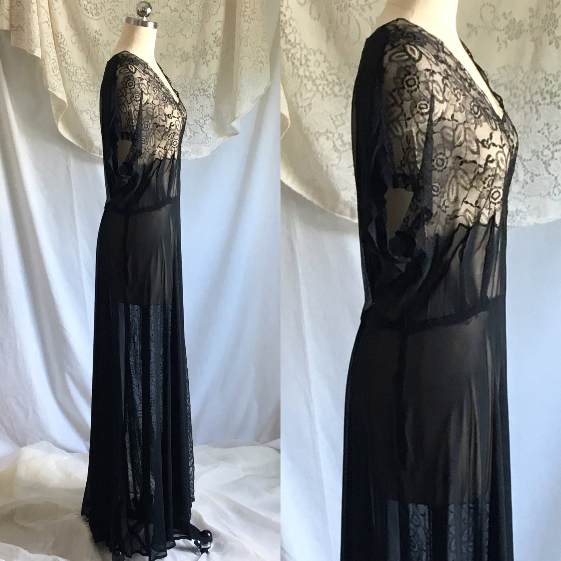 Vintage 1930's Dress | Sheer Black Rayon Chiffon with Chantilly Lace | Size Free up to XL - Daggers & Dames