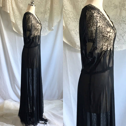 Vintage 1930's Dress | Sheer Black Rayon Chiffon with Chantilly Lace | Size Free up to XL - Daggers & Dames