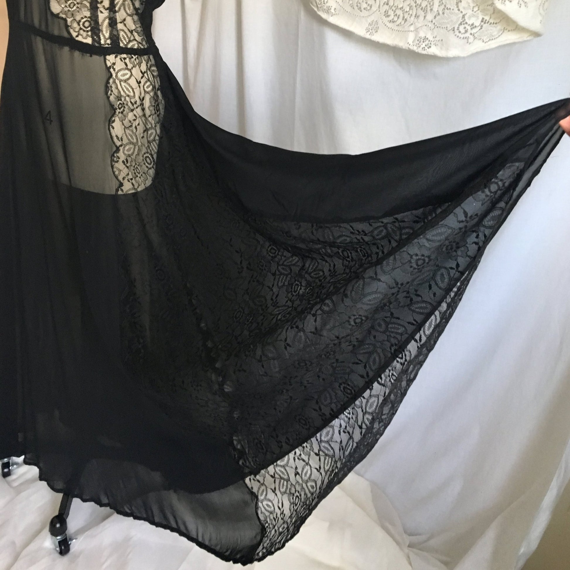 Vintage 1930's Dress | Sheer Black Rayon Chiffon with Chantilly Lace | Size Free up to XL - Daggers & Dames