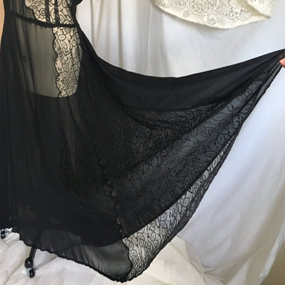 Vintage 1930's Dress | Sheer Black Rayon Chiffon with Chantilly Lace | Size Free up to XL - Daggers & Dames