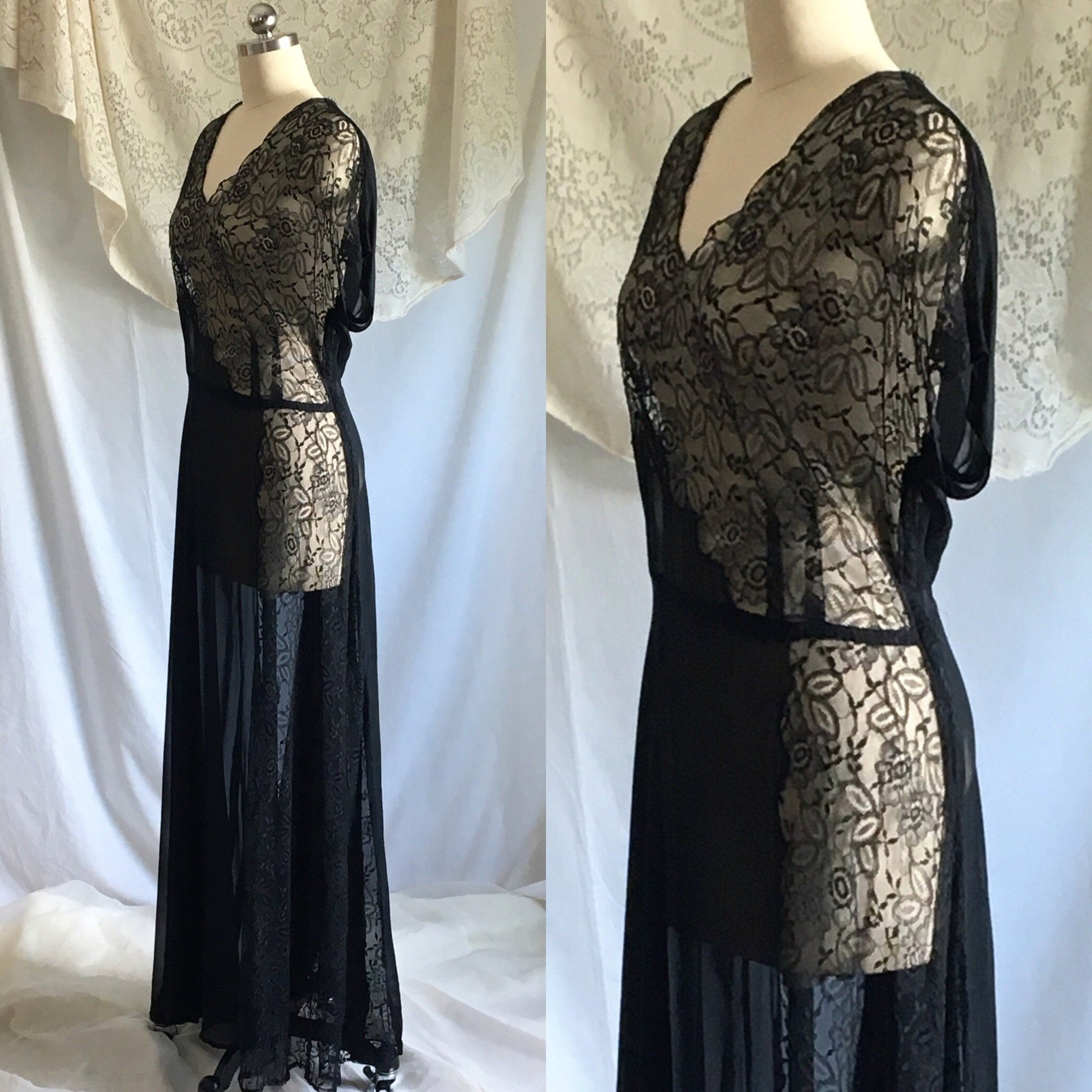 Vintage 1930's Dress | Sheer Black Rayon Chiffon with Chantilly Lace | Size Free up to XL - Daggers & Dames