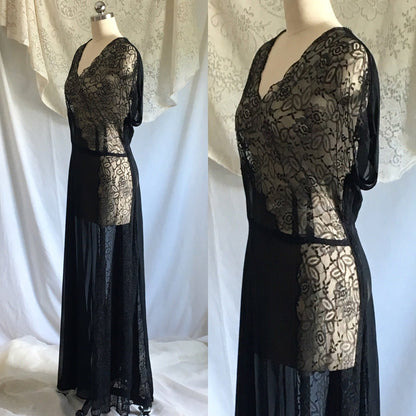 Vintage 1930's Dress | Sheer Black Rayon Chiffon with Chantilly Lace | Size Free up to XL - Daggers & Dames