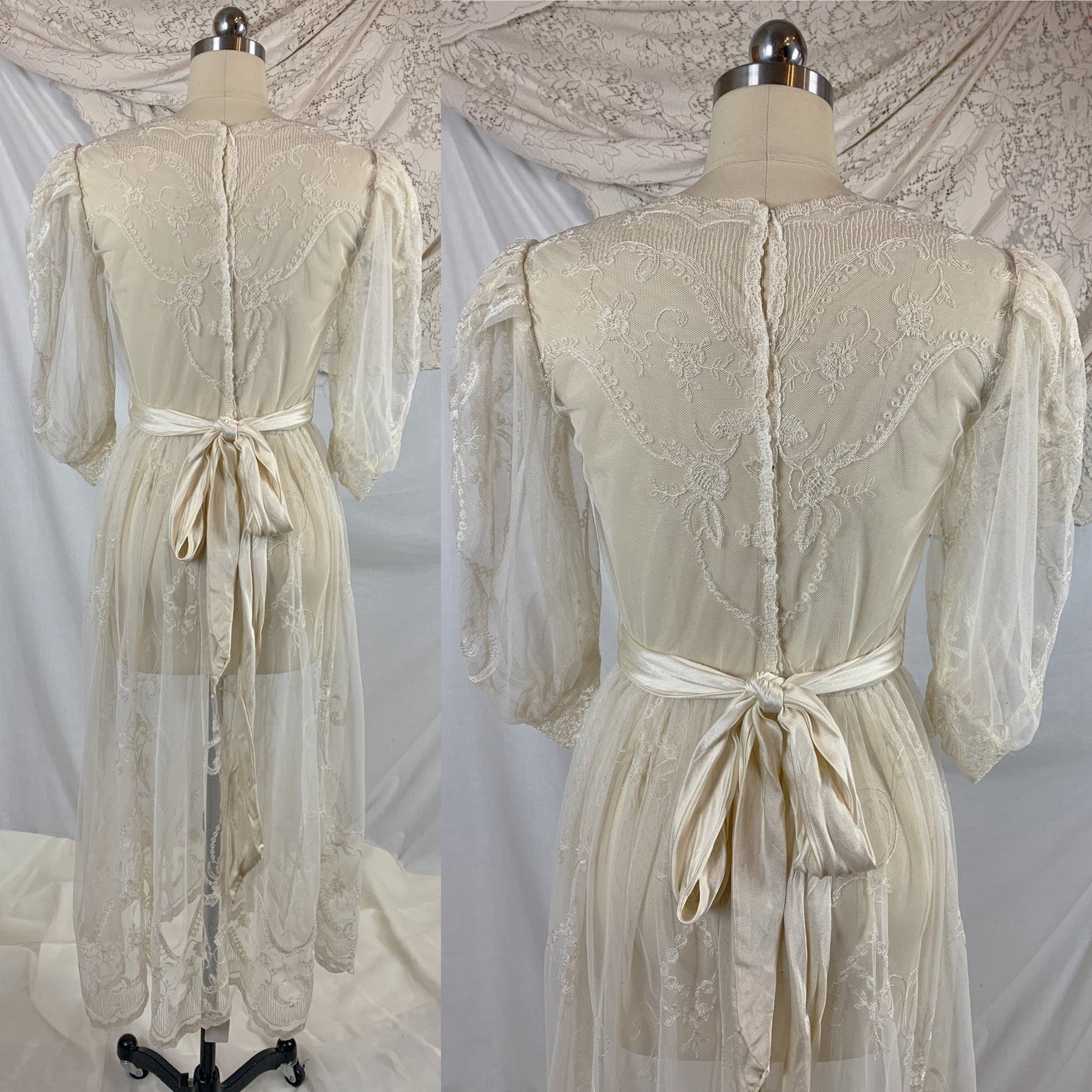 Vintage 1930's Dress | Sheer White Tambour Embroidered Lace Tulle with Puffed Sleeves & Rayon Satin Sash | Size SM, MED - Daggers & Dames