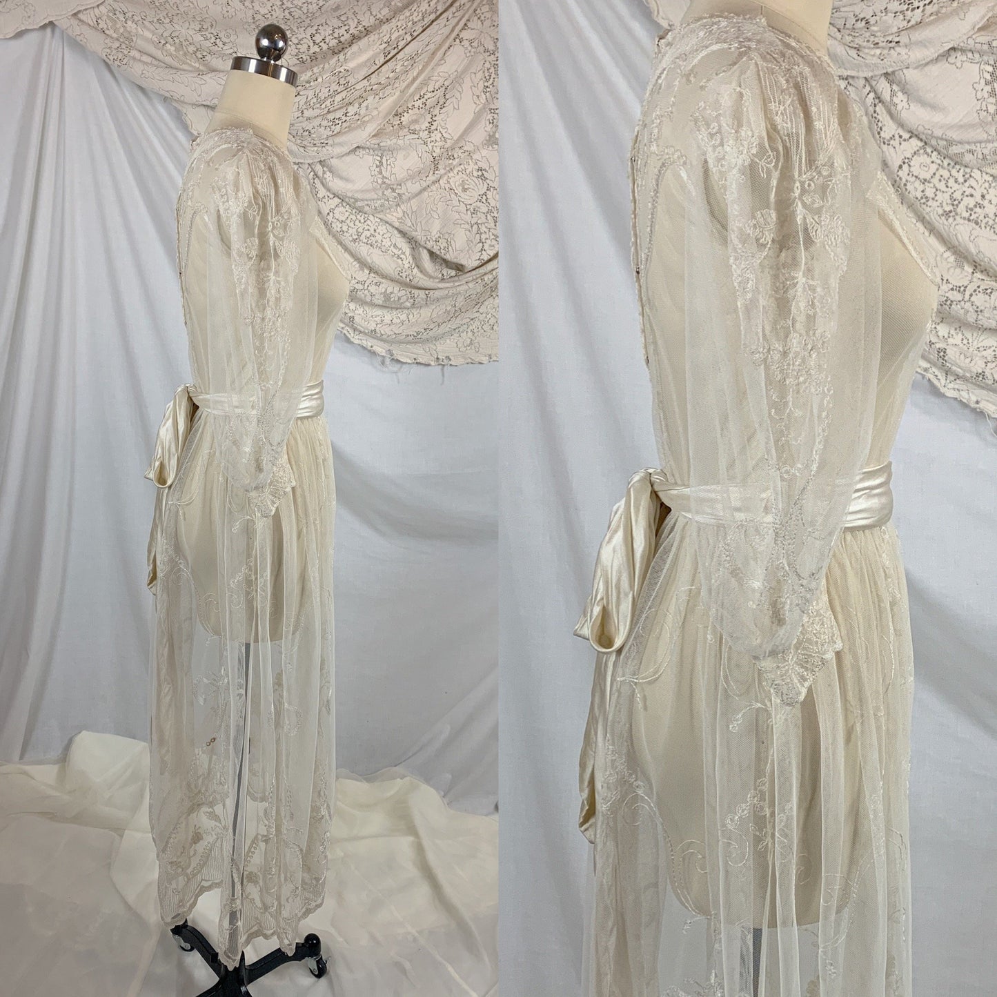 Vintage 1930's Dress | Sheer White Tambour Embroidered Lace Tulle with Puffed Sleeves & Rayon Satin Sash | Size SM, MED - Daggers & Dames
