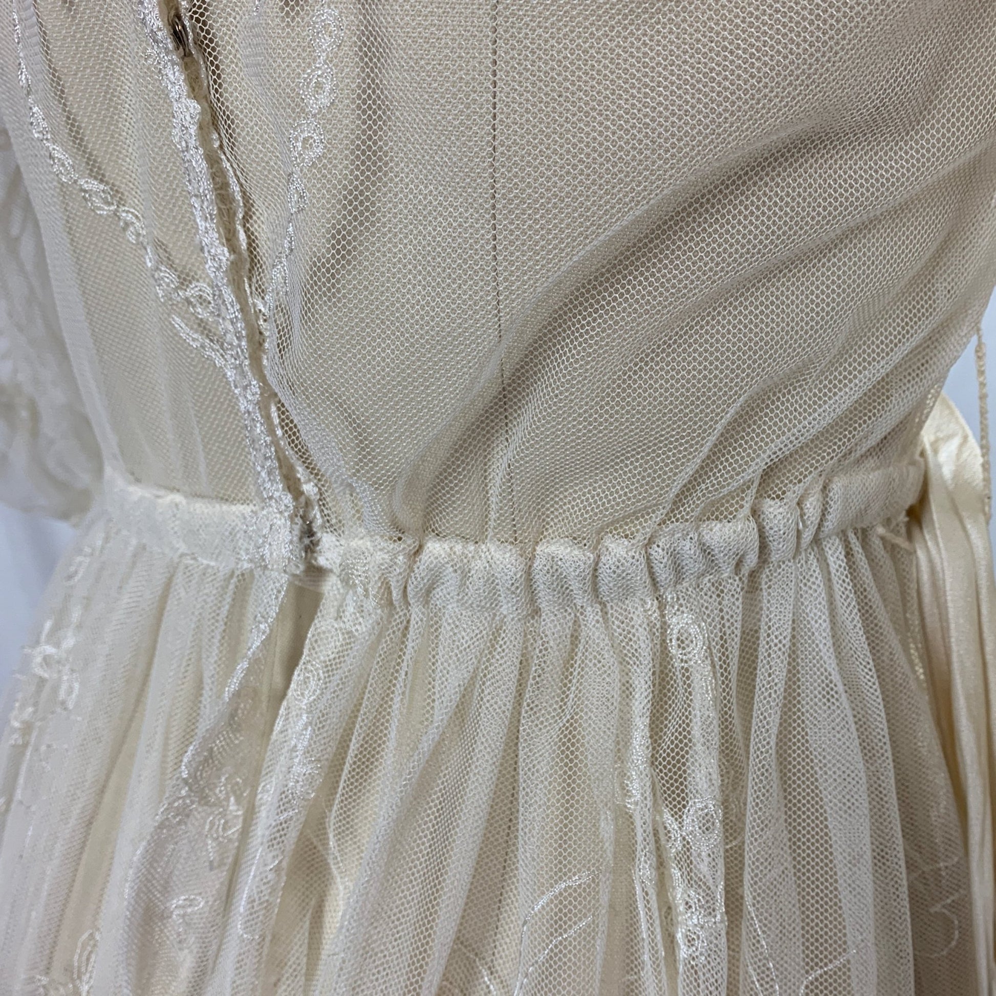 Vintage 1930's Dress | Sheer White Tambour Embroidered Lace Tulle with Puffed Sleeves & Rayon Satin Sash | Size SM, MED - Daggers & Dames