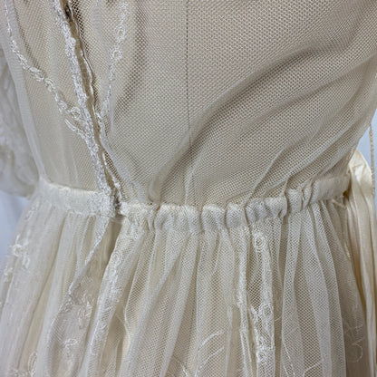 Vintage 1930's Dress | Sheer White Tambour Embroidered Lace Tulle with Puffed Sleeves & Rayon Satin Sash | Size SM, MED - Daggers & Dames