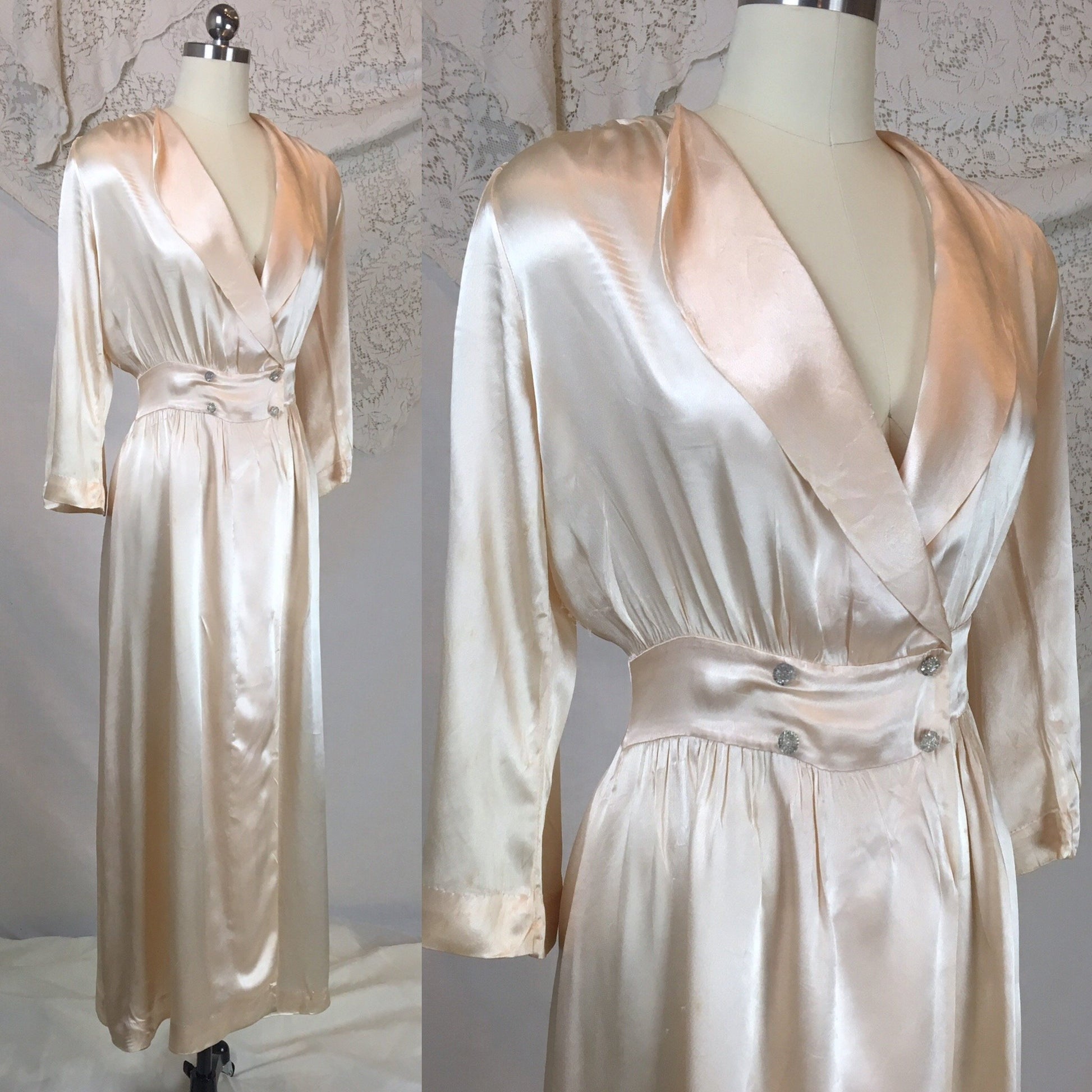 Vintage 1930's Dressing Gown Robe | Champagne Satin Charmeuse with Glass Buttons | Size MED - Daggers & Dames