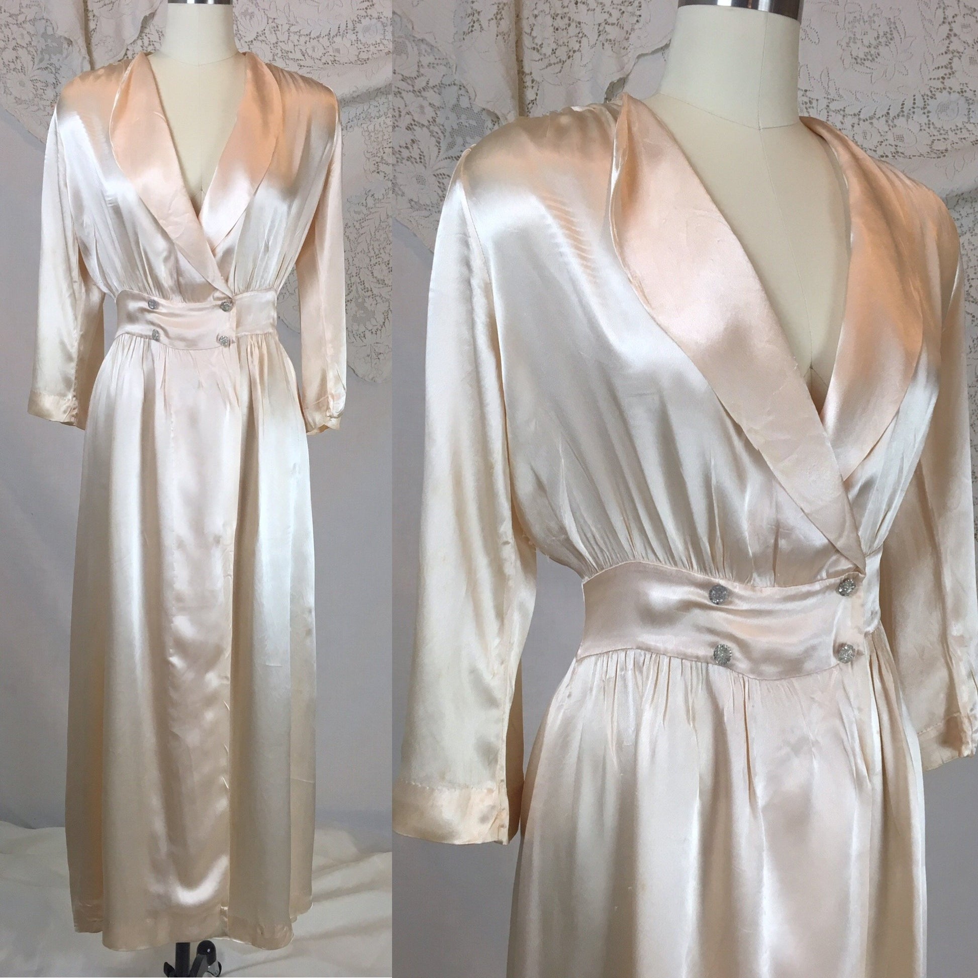Vintage 1930's Dressing Gown Robe | Champagne Satin Charmeuse with Glass Buttons | Size MED - Daggers & Dames