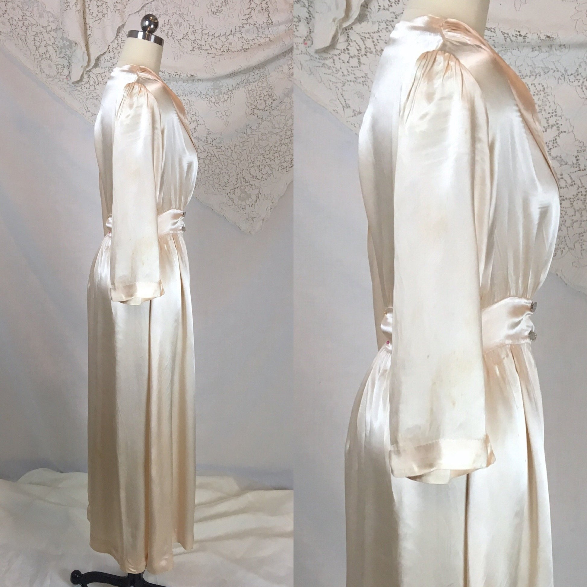 Vintage 1930's Dressing Gown Robe | Champagne Satin Charmeuse with Glass Buttons | Size MED - Daggers & Dames