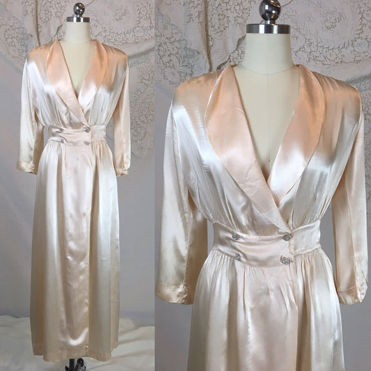 Vintage 1930's Dressing Gown Robe | Champagne Satin Charmeuse with Glass Buttons | Size MED - Daggers & Dames
