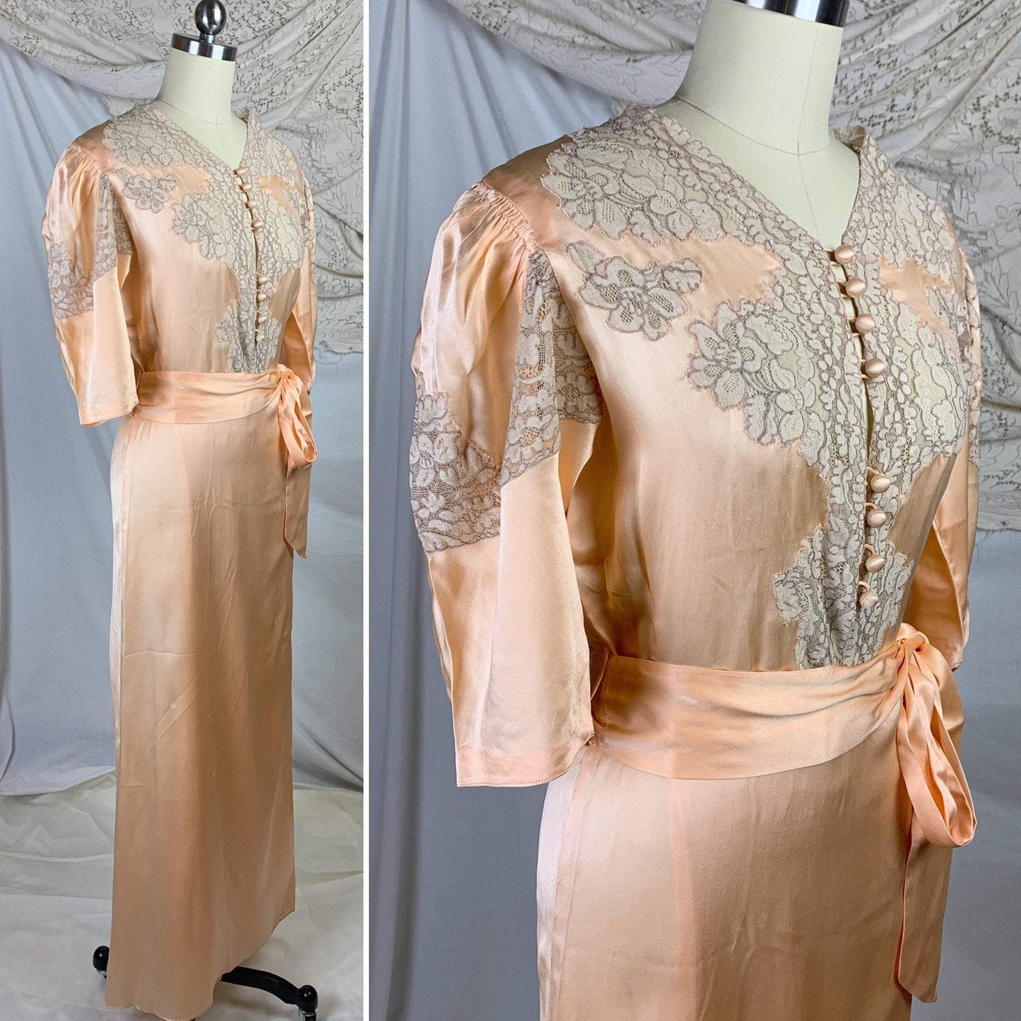 Vintage 1930's Dressing Gown Robe | Rich Peach Silk Charmeuse with Nude Alençon Lace | Size M | Famous Barr -Never Worn - Daggers & Dames