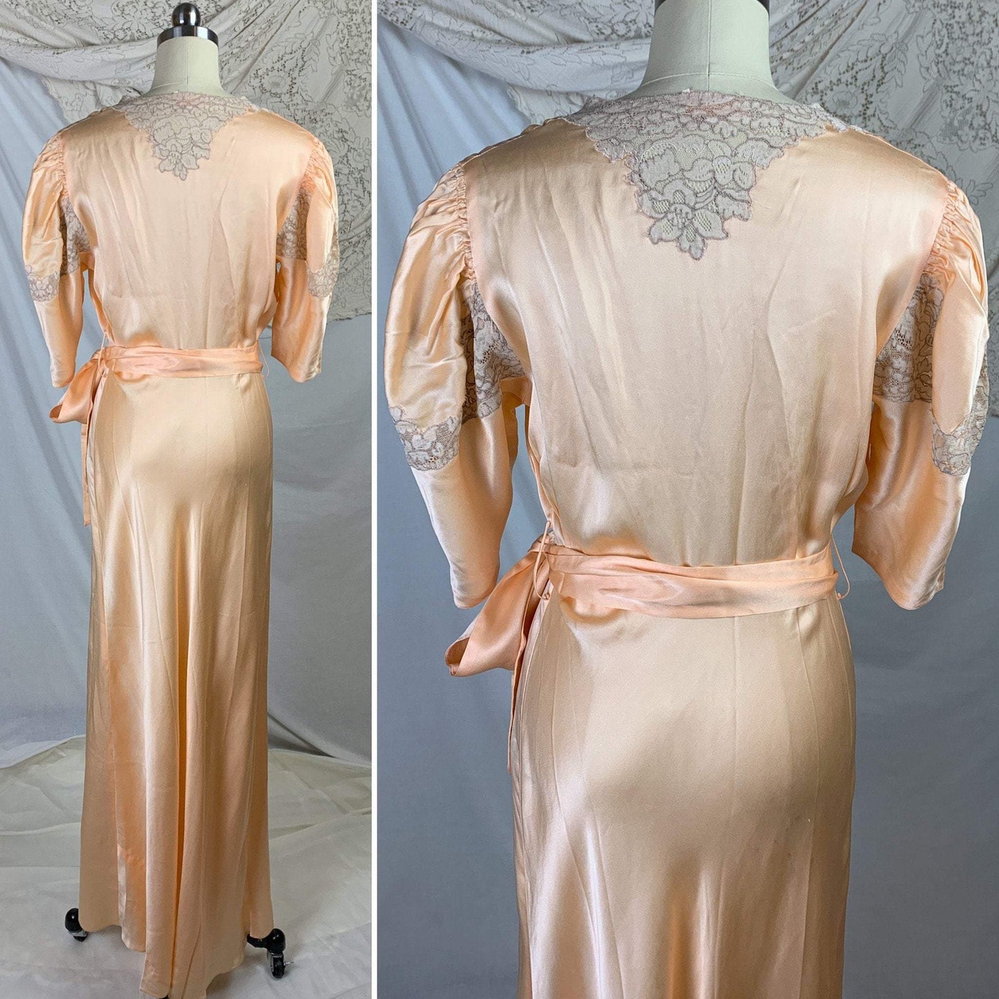 Vintage 1930's Dressing Gown Robe | Rich Peach Silk Charmeuse with Nude Alençon Lace | Size M | Famous Barr -Never Worn - Daggers & Dames