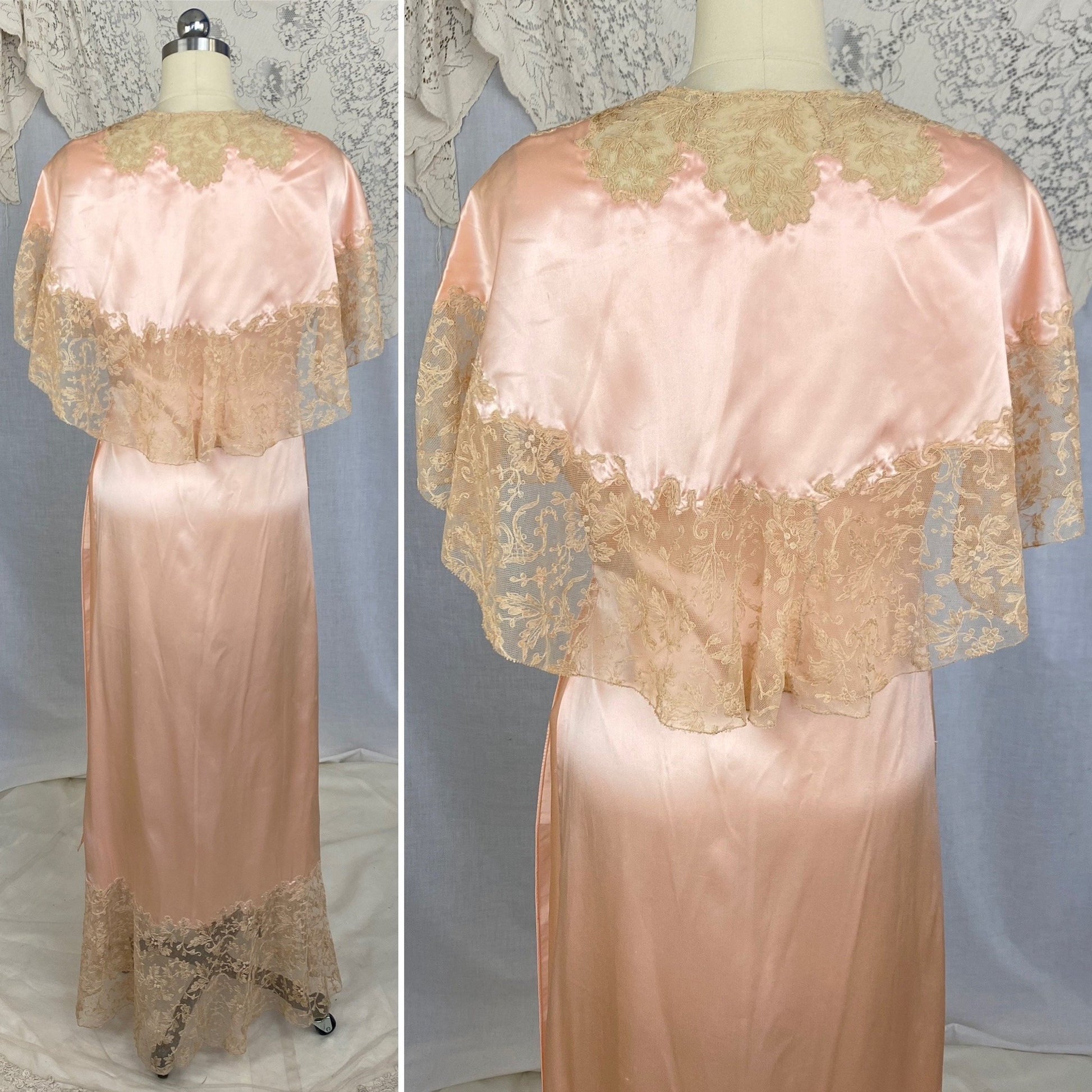 Vintage 1930's Dressing Gown Robe | Rose Gold Silk Charmeuse with Nude Tambour Lace | Size S, M, L -Never Worn - Daggers & Dames