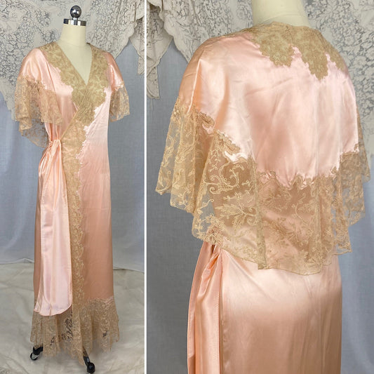 Vintage 1930's Dressing Gown Robe | Rose Gold Silk Charmeuse with Nude Tambour Lace | Size S, M, L -Never Worn - Daggers & Dames