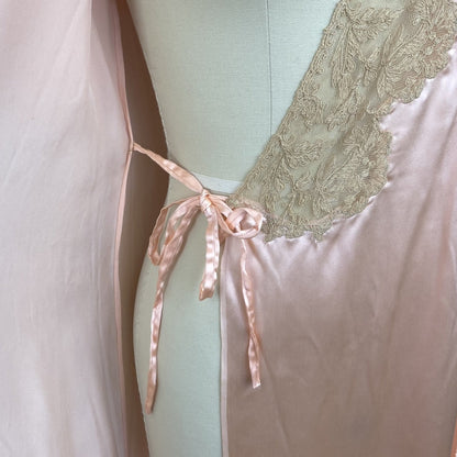 Vintage 1930's Dressing Gown Robe | Rose Gold Silk Charmeuse with Nude Tambour Lace | Size S, M, L -Never Worn - Daggers & Dames
