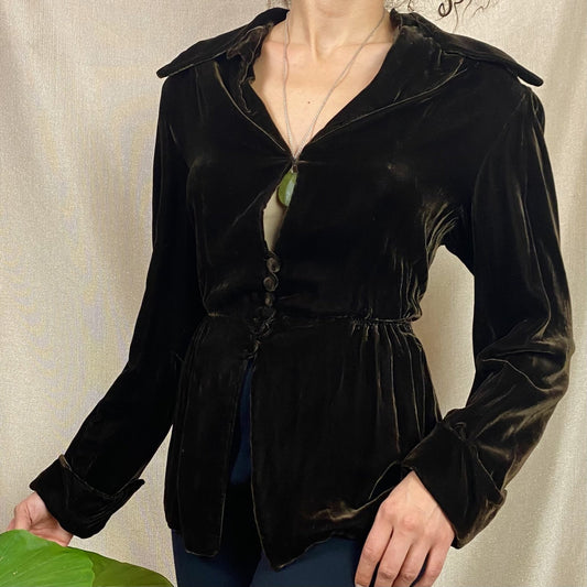 Vintage 1930's Jacket | Deep Mocha Brown Silk Velvet with Bias Cut & Peplum Waist | Size M, LG | Derry's - Daggers & Dames