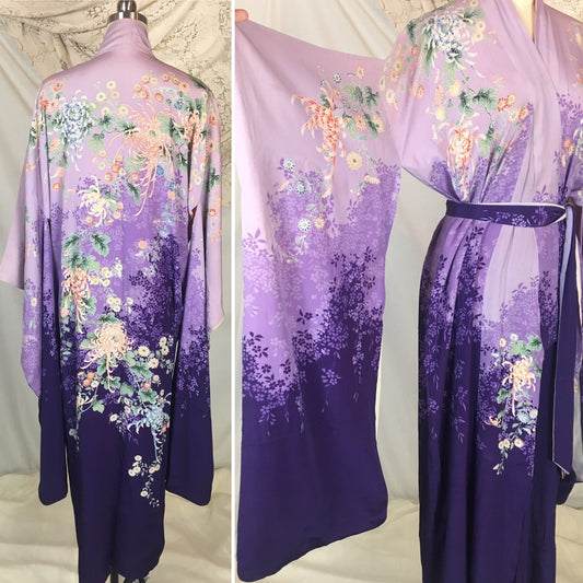 Vintage 1930's Japanese Kimono Robe | Hand Printed Purple Ombre Silk with Floral Print | Size Free - Daggers & Dames
