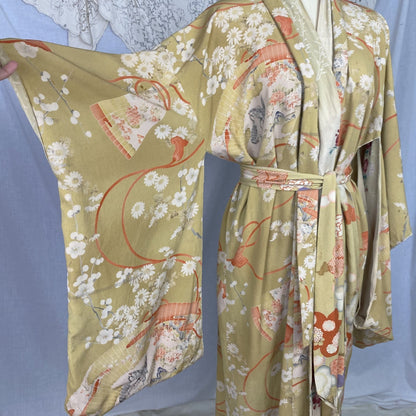 Vintage 1930's Japanese Kimono Robe | Reversible Silk Crepe with Painted Floral Pattern & Sash Tie | Size Free - Daggers & Dames