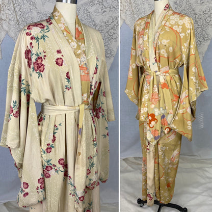 Vintage 1930's Japanese Kimono Robe | Reversible Silk Crepe with Painted Floral Pattern & Sash Tie | Size Free - Daggers & Dames