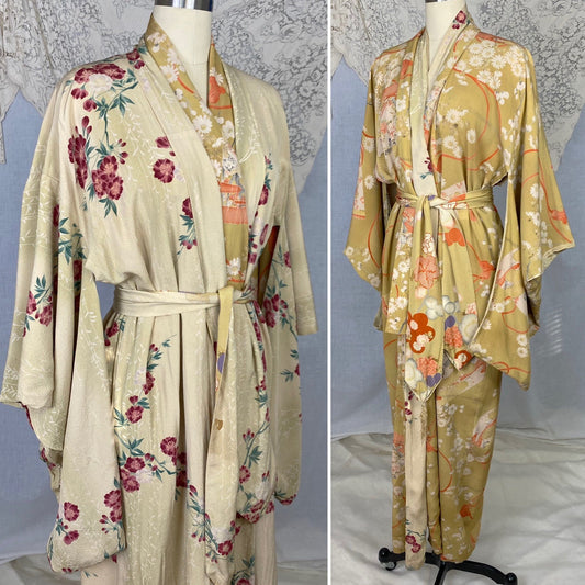 Vintage 1930's Japanese Kimono Robe | Reversible Silk Crepe with Painted Floral Pattern & Sash Tie | Size Free - Daggers & Dames