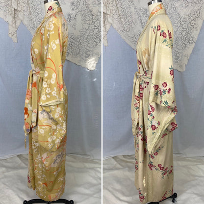 Vintage 1930's Japanese Kimono Robe | Reversible Silk Crepe with Painted Floral Pattern & Sash Tie | Size Free - Daggers & Dames