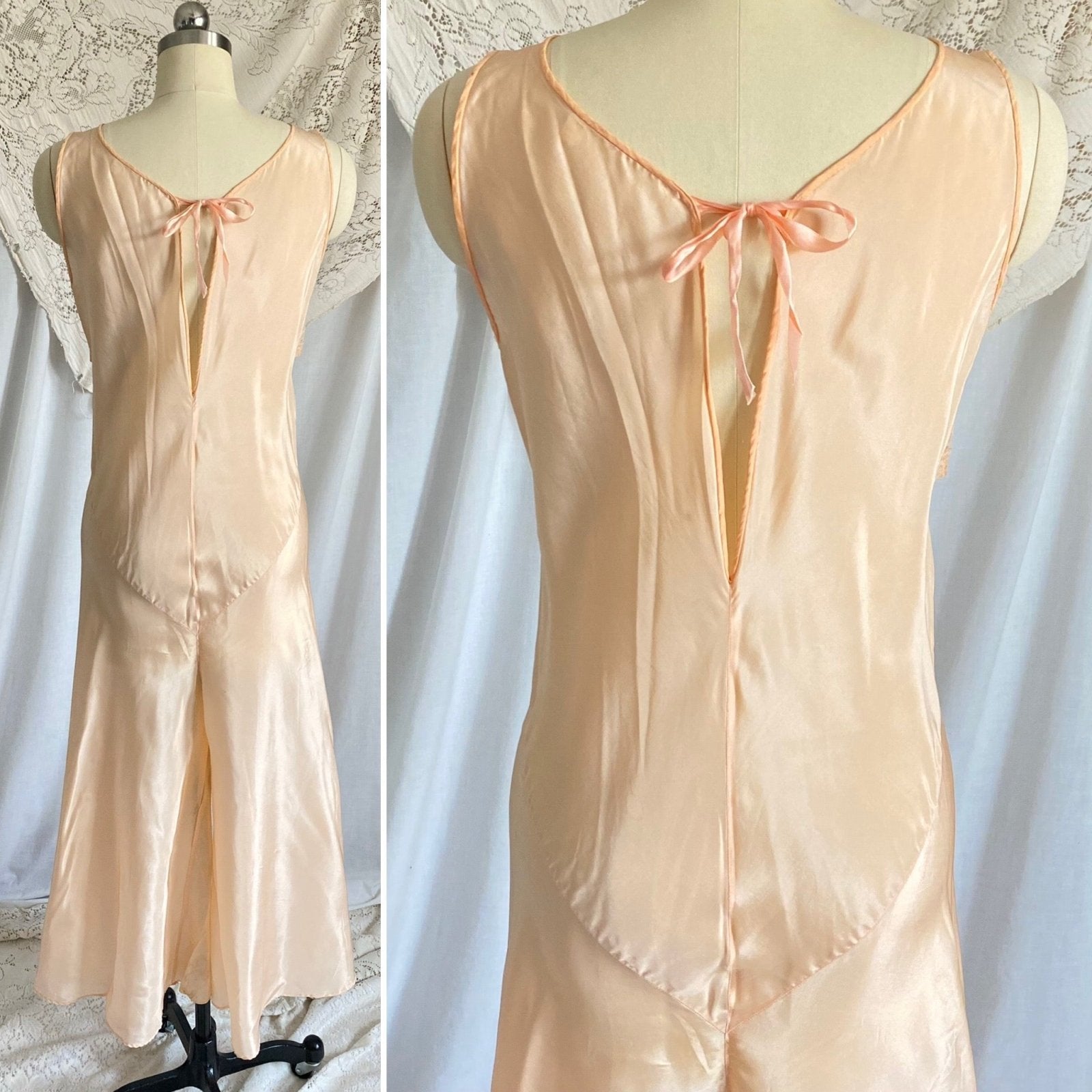 Vintage 1930's Jumpsuit Beach Pajamas | Pale Apricot Silk with Floral Cotton Lace | Size XS, S | Deadstock, Never Worn - Daggers & Dames