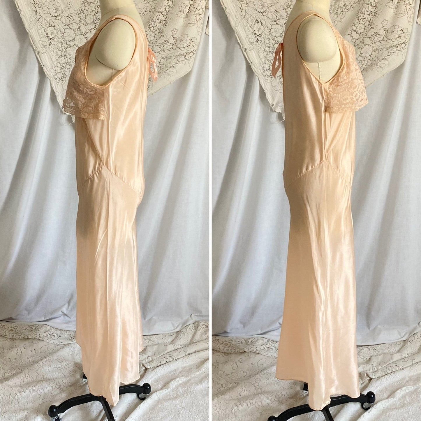 Vintage 1930's Jumpsuit Beach Pajamas | Pale Apricot Silk with Floral Cotton Lace | Size XS, S | Deadstock, Never Worn - Daggers & Dames