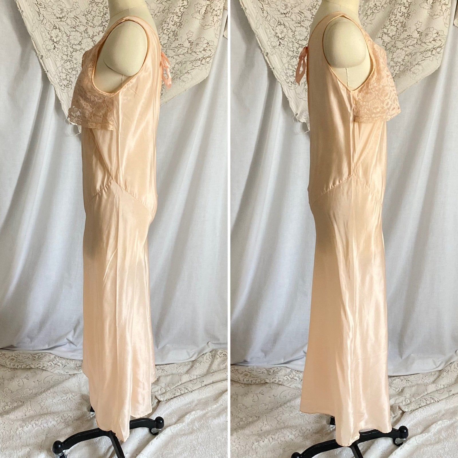 Vintage 1930's Jumpsuit Beach Pajamas | Pale Apricot Silk with Floral Cotton Lace | Size XS, S | Deadstock, Never Worn - Daggers & Dames