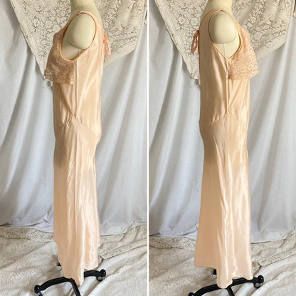 Vintage 1930's Jumpsuit Beach Pajamas | Pale Apricot Silk with Floral Cotton Lace | Size XS, S | Deadstock, Never Worn - Daggers & Dames