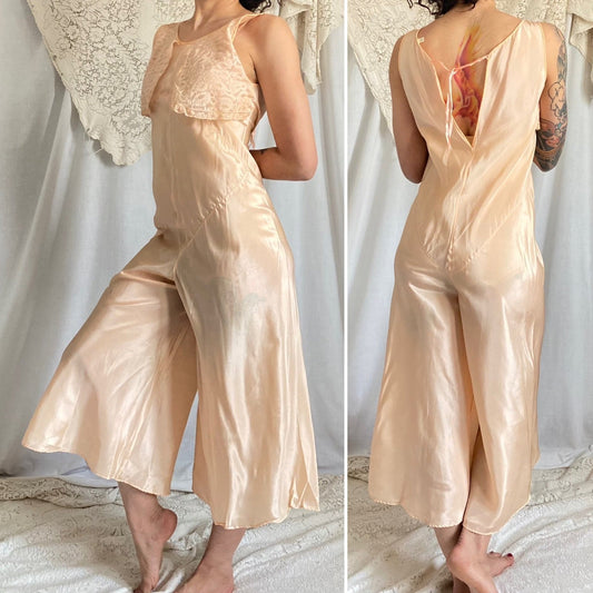 Vintage 1930's Jumpsuit Beach Pajamas | Pale Apricot Silk with Floral Cotton Lace | Size XS, S | Deadstock, Never Worn - Daggers & Dames