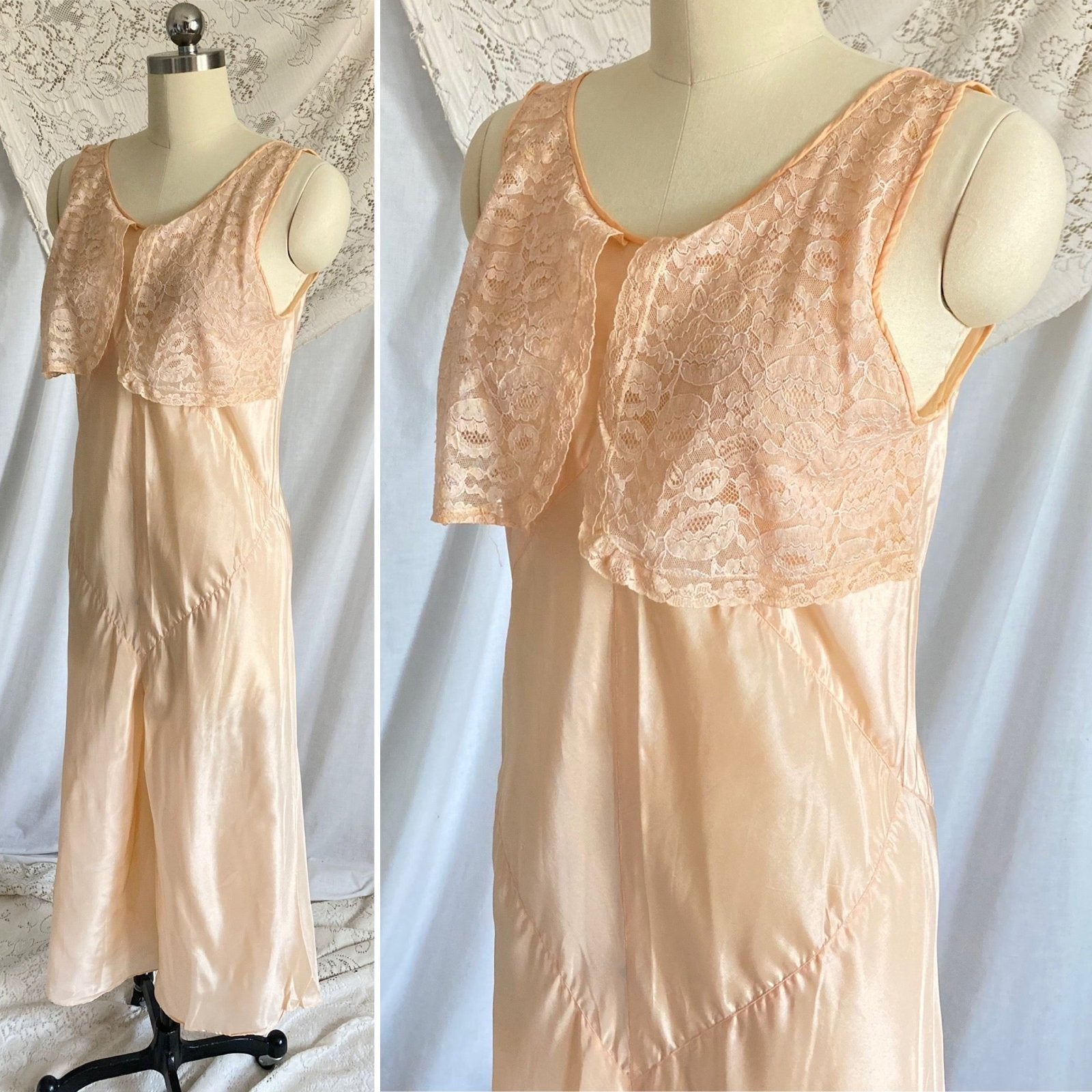 Vintage 1930's Jumpsuit Beach Pajamas | Pale Apricot Silk with Floral Cotton Lace | Size XS, S | Deadstock, Never Worn - Daggers & Dames