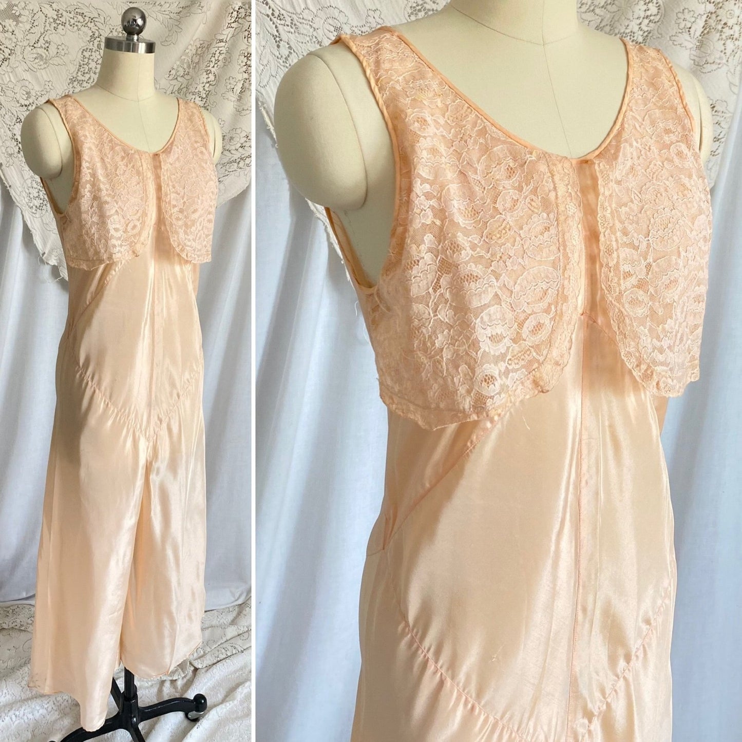 Vintage 1930's Jumpsuit Beach Pajamas | Pale Apricot Silk with Floral Cotton Lace | Size XS, S | Deadstock, Never Worn - Daggers & Dames