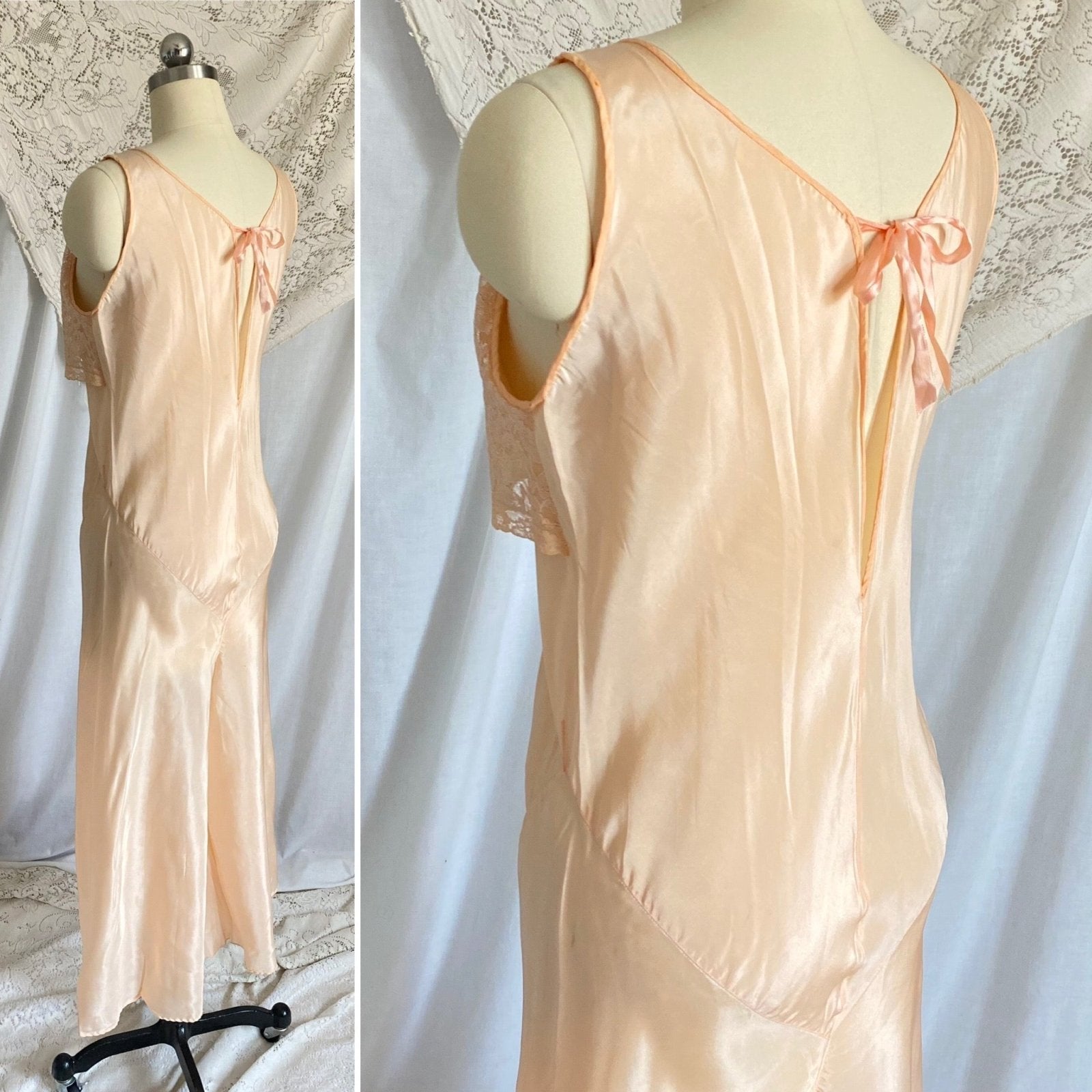 Vintage 1930's Jumpsuit Beach Pajamas | Pale Apricot Silk with Floral Cotton Lace | Size XS, S | Deadstock, Never Worn - Daggers & Dames
