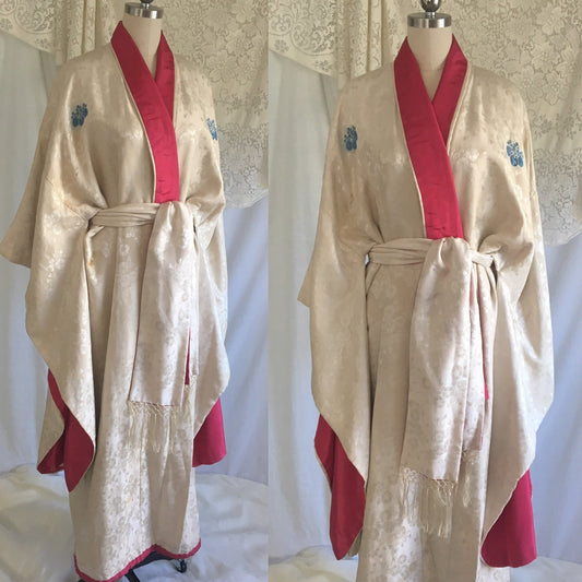 Vintage 1930's Kimono Robe | Ivory Silk Jacquard with Fuchsia Silk Taffeta & Tassel Sash Belt | Size Free - Daggers & Dames