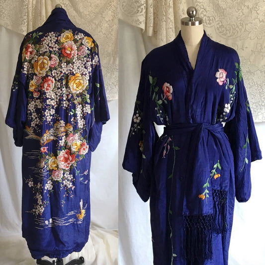 Vintage 1930's Kimono Robe | Royal Blue Silk with Floral Embroidery & Tassel Sash | Size S, M, LG - Daggers & Dames