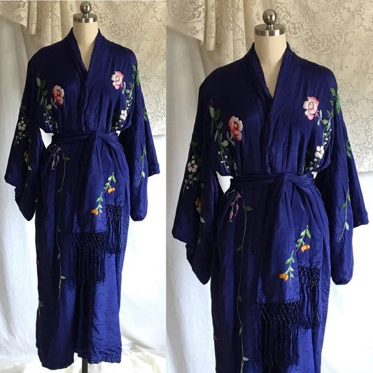 Vintage 1930's Kimono Robe | Royal Blue Silk with Floral Embroidery & Tassel Sash | Size S, M, LG - Daggers & Dames