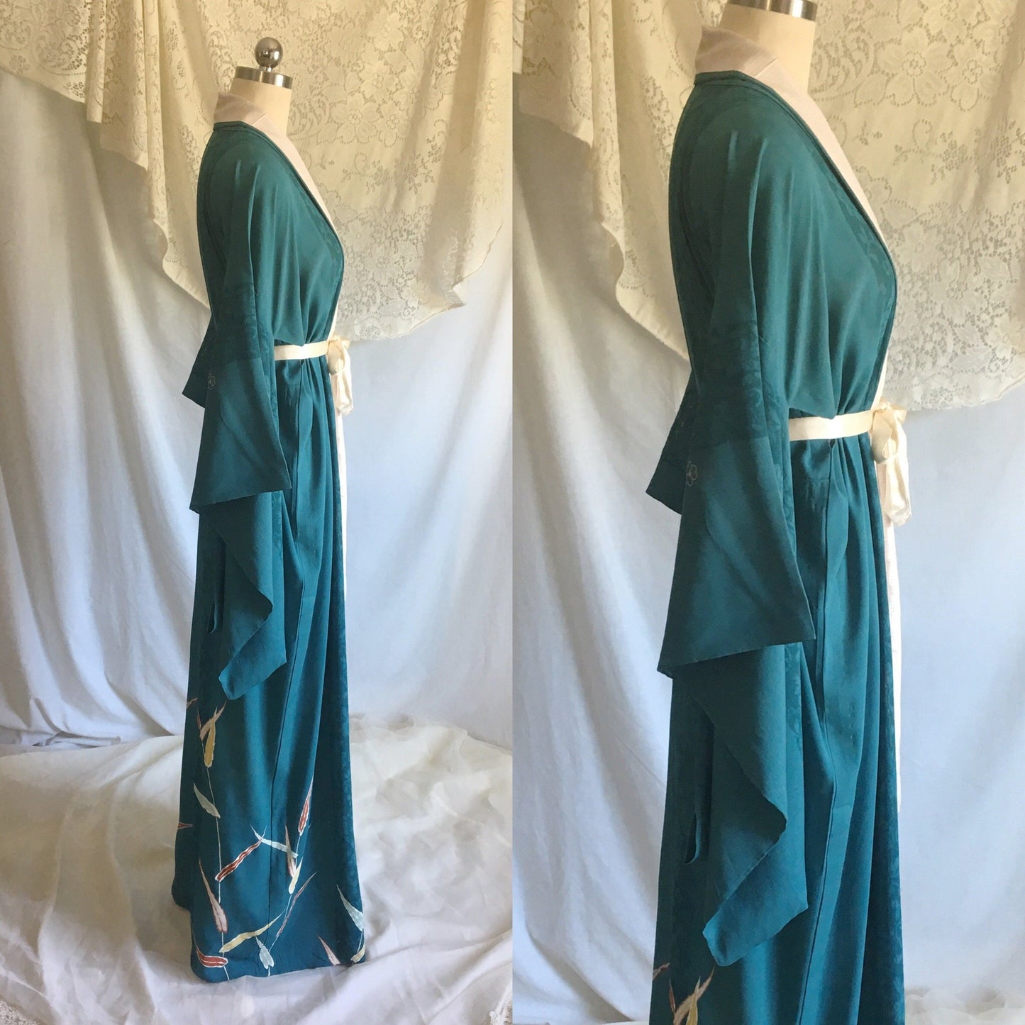 Vintage 1930's Kimono Robe | Teal Silk Crepe with Sheer Lace & Hand Painted Detail | Free Size - Daggers & Dames