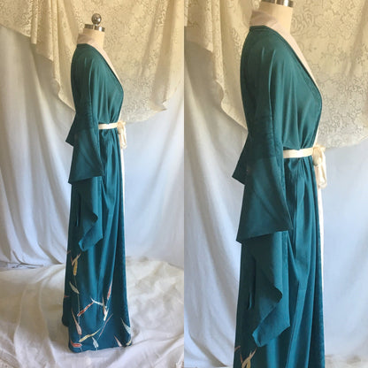 Vintage 1930's Kimono Robe | Teal Silk Crepe with Sheer Lace & Hand Painted Detail | Free Size - Daggers & Dames