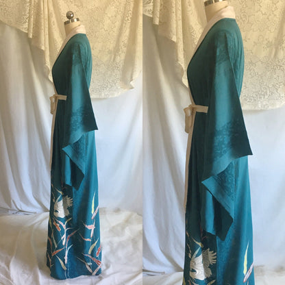 Vintage 1930's Kimono Robe | Teal Silk Crepe with Sheer Lace & Hand Painted Detail | Free Size - Daggers & Dames
