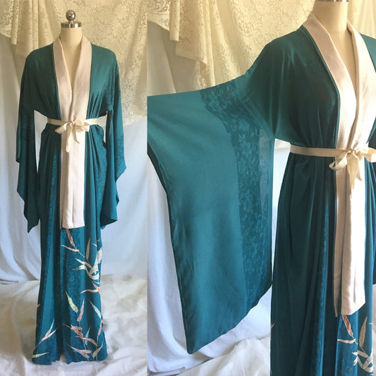 Vintage 1930's Kimono Robe | Teal Silk Crepe with Sheer Lace & Hand Painted Detail | Free Size - Daggers & Dames