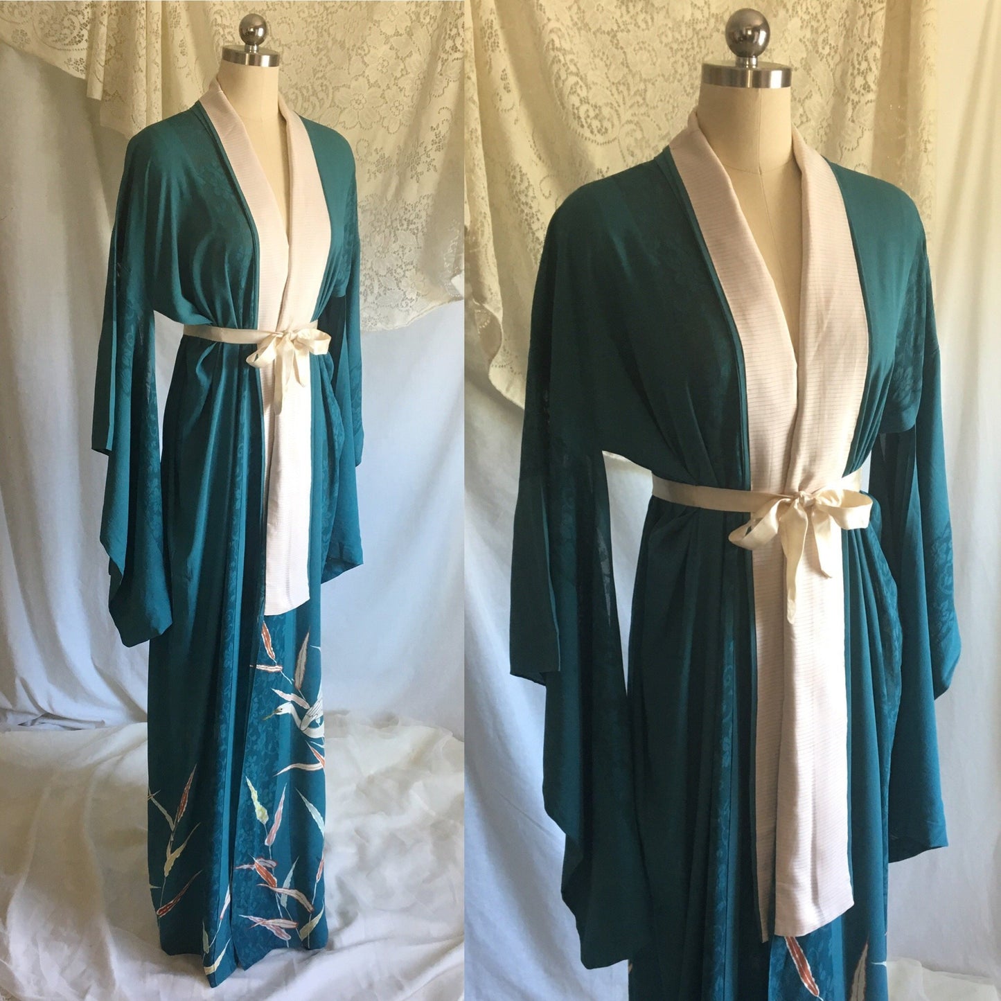 Vintage 1930's Kimono Robe | Teal Silk Crepe with Sheer Lace & Hand Painted Detail | Free Size - Daggers & Dames