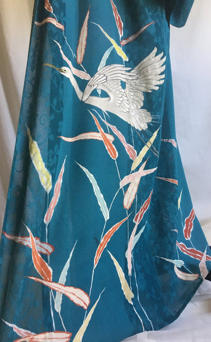 Vintage 1930's Kimono Robe | Teal Silk Crepe with Sheer Lace & Hand Painted Detail | Free Size - Daggers & Dames