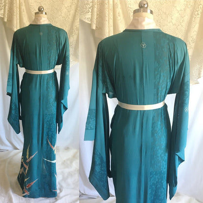 Vintage 1930's Kimono Robe | Teal Silk Crepe with Sheer Lace & Hand Painted Detail | Free Size - Daggers & Dames