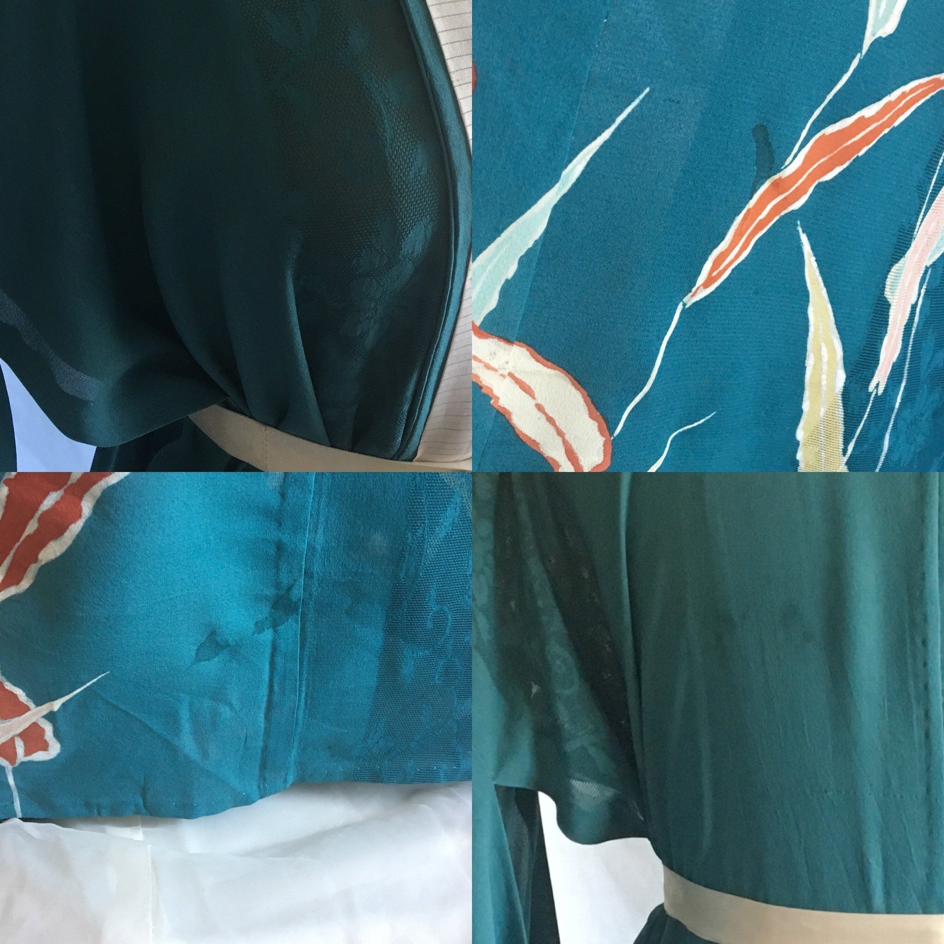 Vintage 1930's Kimono Robe | Teal Silk Crepe with Sheer Lace & Hand Painted Detail | Free Size - Daggers & Dames