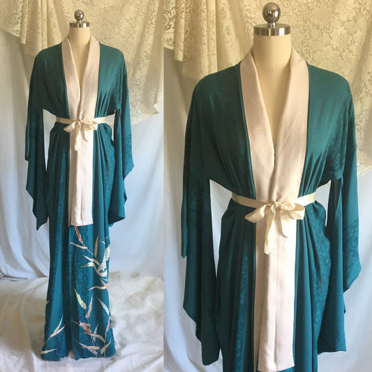 Vintage 1930's Kimono Robe | Teal Silk Crepe with Sheer Lace & Hand Painted Detail | Free Size - Daggers & Dames