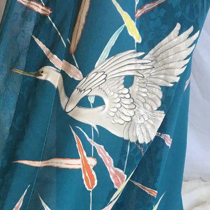 Vintage 1930's Kimono Robe | Teal Silk Crepe with Sheer Lace & Hand Painted Detail | Free Size - Daggers & Dames